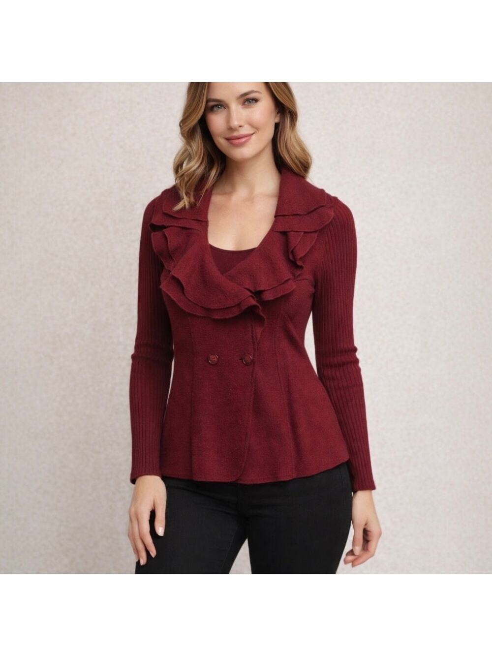 Elena Solano Burgundy Wool Ruffle Collar  Cardigan Sweater Romantic Size Medium